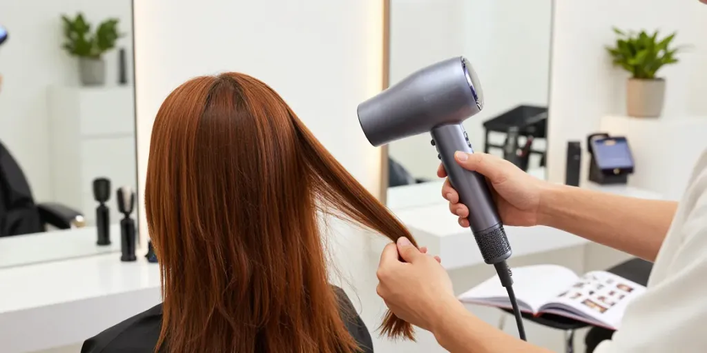 Haartrockner im Einsatz in modernem Friseursalon mit stilvollem Dekor