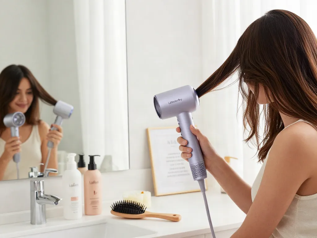 Haartrockner schonend für Haare: Laifen Air Pro in einem eleganten Badezimmer mit Frau und modernen Pflegeprodukten.